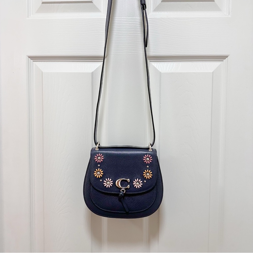 Coach Remi Saddle Bag Midnight Pebble Leather Daisy Appliqué - Picture 13 of 16